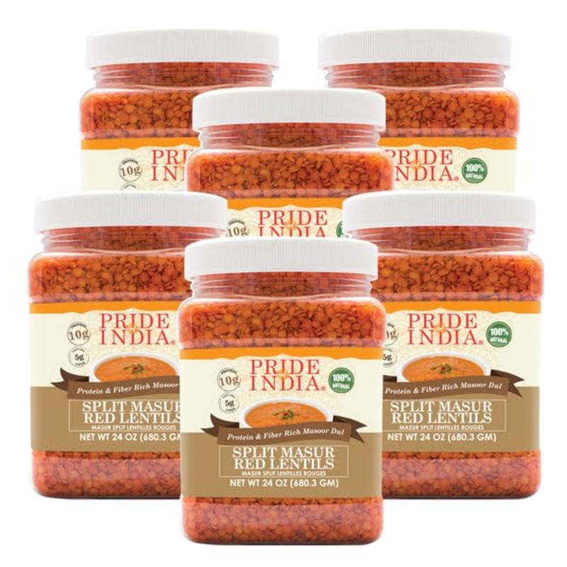 Pride Of India - Pack Of 6 - Indian Split Masur Red Lentils - Protein & Fiber Rich Masoor Dal, 1.5 Pound Jar