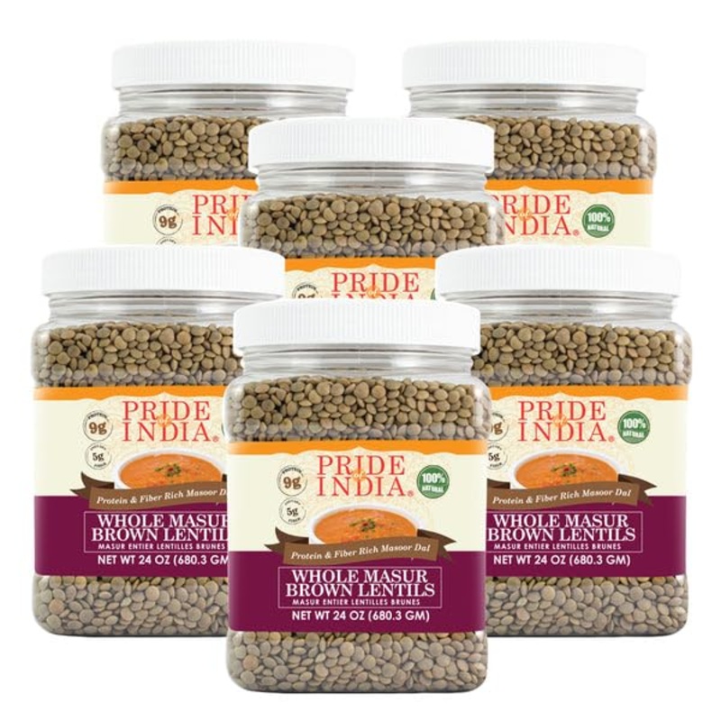 Pride Of India - Pack Of 6 - Indian Whole Brown Crimson Masur Lentils - Protein & Fiber Rich Masoor Whole, 1.5 Pound Jar