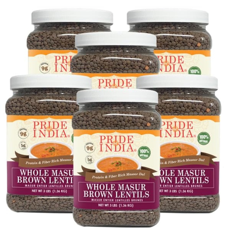 Pride Of India - Pack Of 6 - Indian Whole Brown Crimson Masur Lentils - Protein & Fiber Rich Masoor Whole, 3 Pound Jar