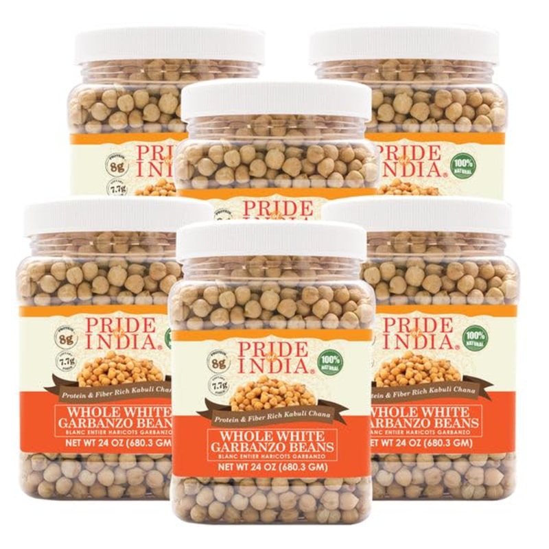 Pride Of India - Pack Of 6 - Indian Whole White Garbanzo Beans 10Mm - Protein & Fiber Rich Kabuli Chana, 1.5 Pound Jar