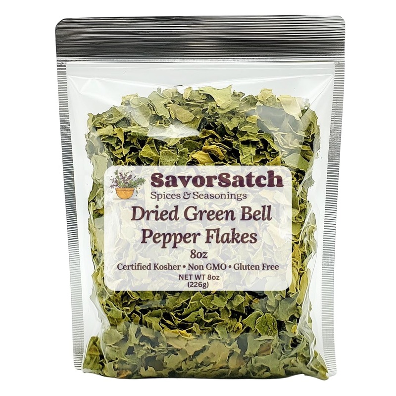 Savorsatch Dried Green Bell Pepper Flakes - 8Oz Resealable Pouch | Dehydrated, Diced, Certified Kosher, Non-Gmo | Perfect For Co