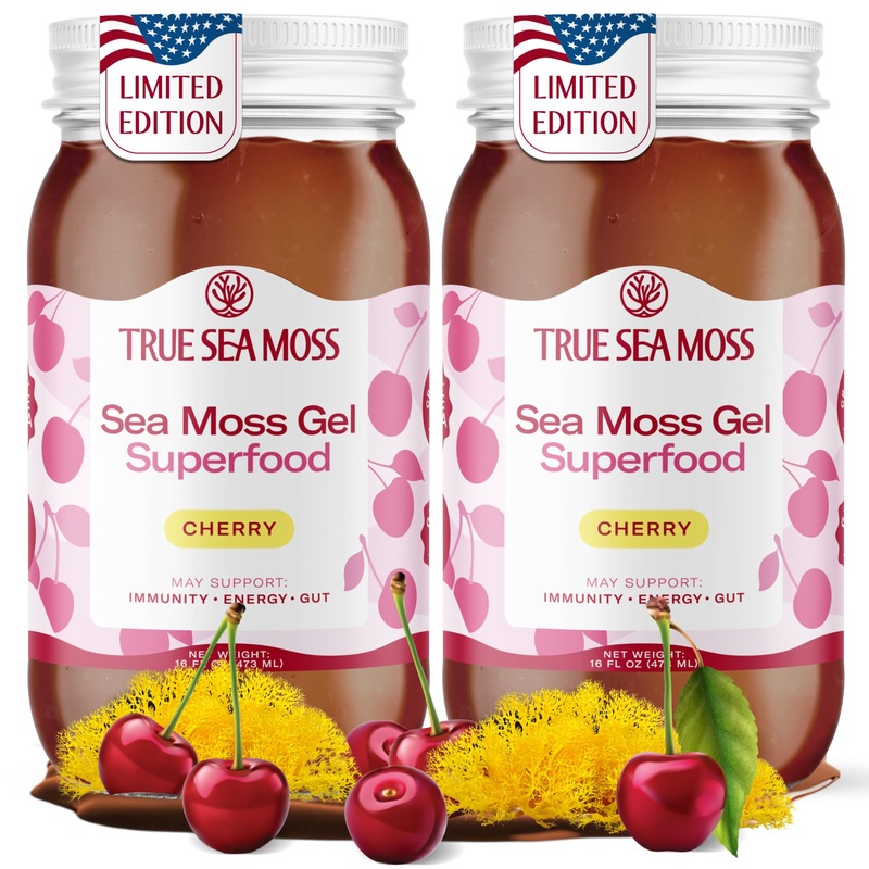Trueseamoss Sea Moss Gel - Made In Usa - Wildcrafted Seamoss, Fresh Fruits & Sea Vegetables - Cherry, Pack Of 2 (Labels May Vary