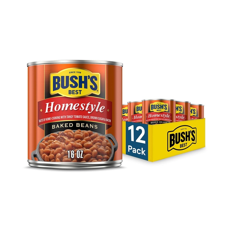 Bush'S Best 16 Oz Canned Homestyle Baked Beans, Source Of Plant Based Protein And Fiber, Low Fat, Gluten Free, (Pack Of 12)