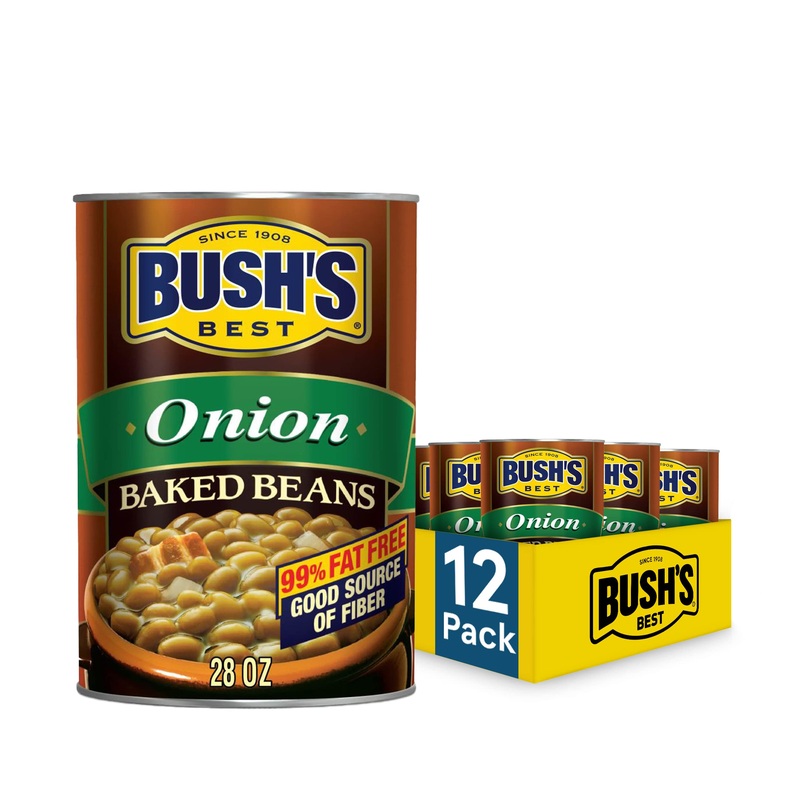 Bush'S Best Canned Onion Baked Beans (Pack Of 12), Source Of Plant Based Protein And Fiber, Low Fat, Gluten Free, 28 Oz