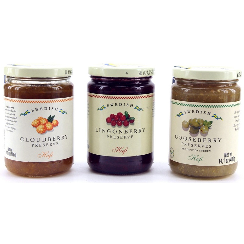 Hafi Variety Pack Preserves Lingonberry, Wild Cloudberry, Gooseberry 14.1-Ounce Jars (Pack Of 3)