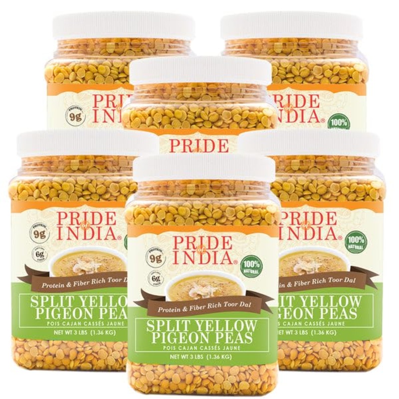 Pride Of India - Pack Of 6 - Indian Split Yellow Pigeon Peas - Protein & Fiber Rich Toor (Arahar) Dal, 3 Pound Jar