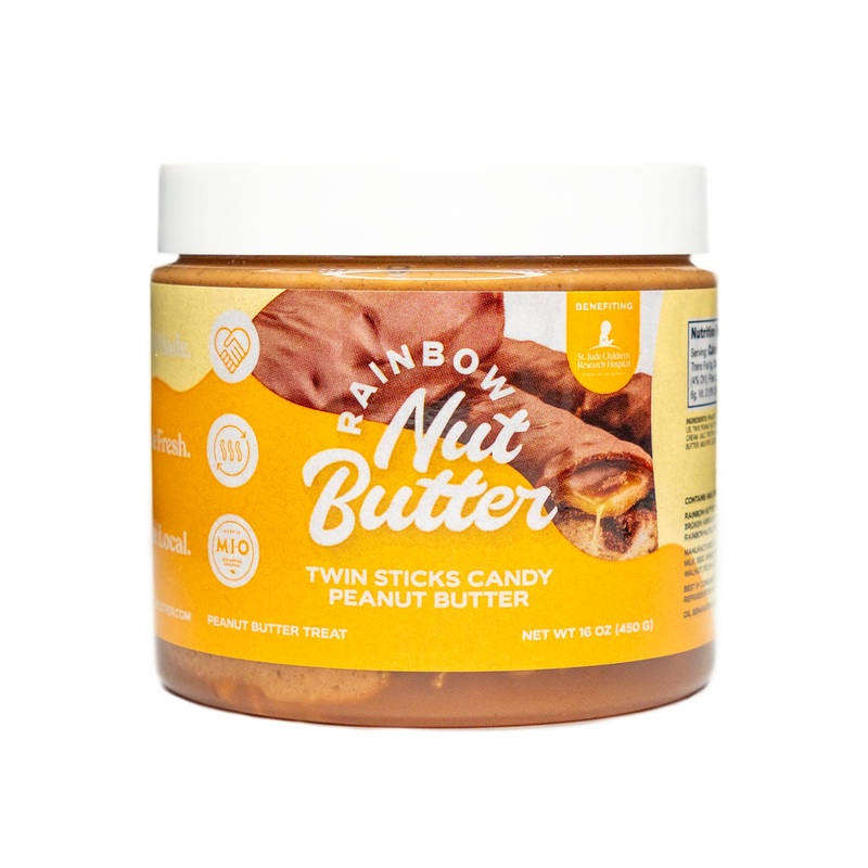 Rainbow Nut Butter, Twin Sticks Candy Bar Peanut Butter, Spread, Treat, Snack, Dessert, Caramel Bits, Caramel Syrup, Milk Chocol