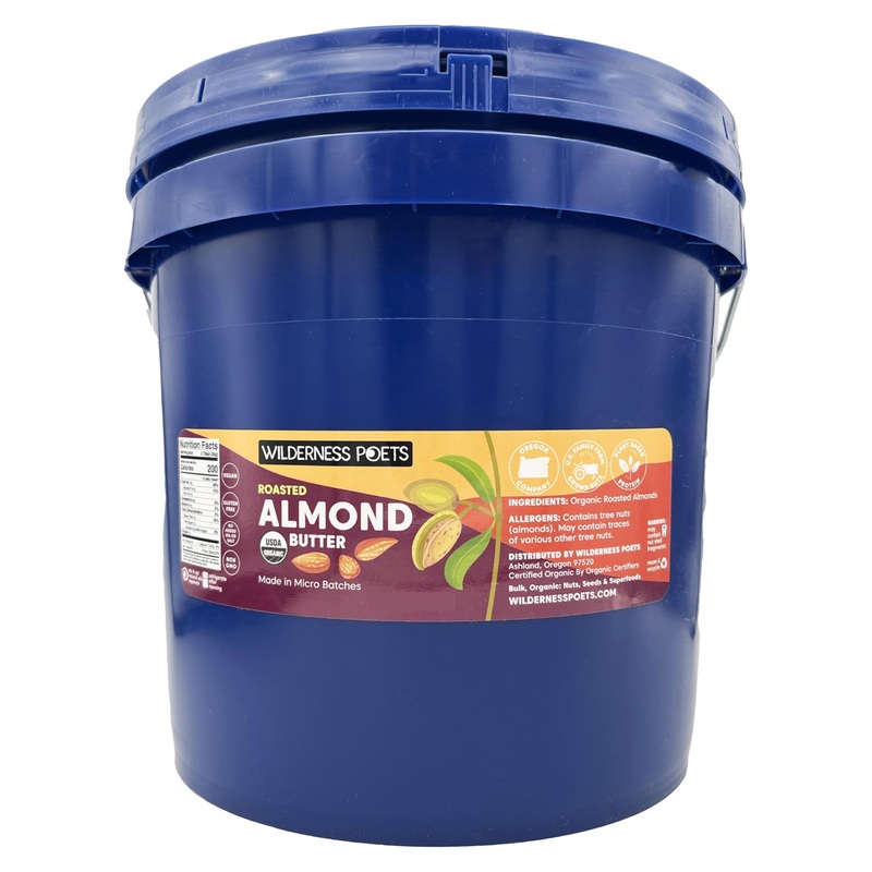 Wilderness Poets, Roasted Almond Butter - Organic, Smooth, Creamy, No Salt, Unsweetened Nut Butter - Bulk Size (17 Pound - 2 Gal