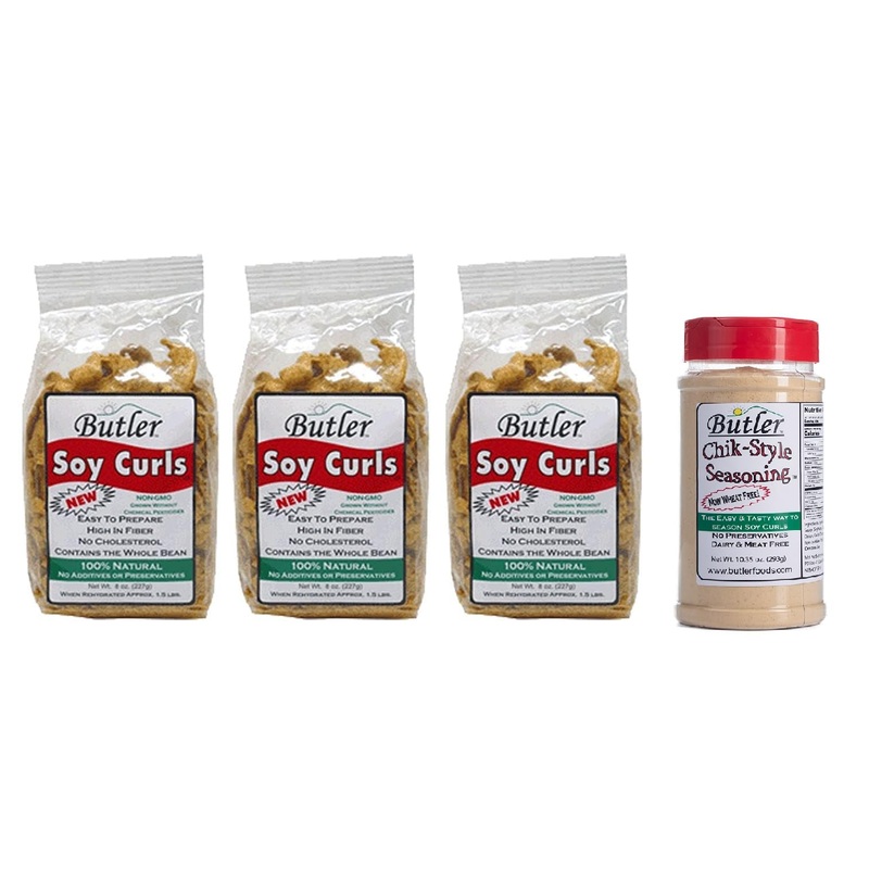 Butler Soy Curls 3 Pack - 3 X 8 Oz Bags + 10.35 Oz Chik-Style Seasoning