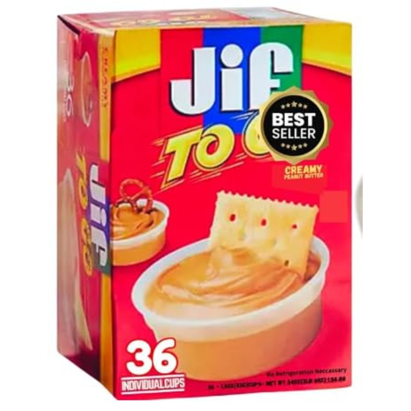 Jif To Go Creamy Peanut Butter 36 Cups - Single Serve Packets - Travel Size Snack - Jif Peanut Chocolate Cups, Bulk Creamy Organ