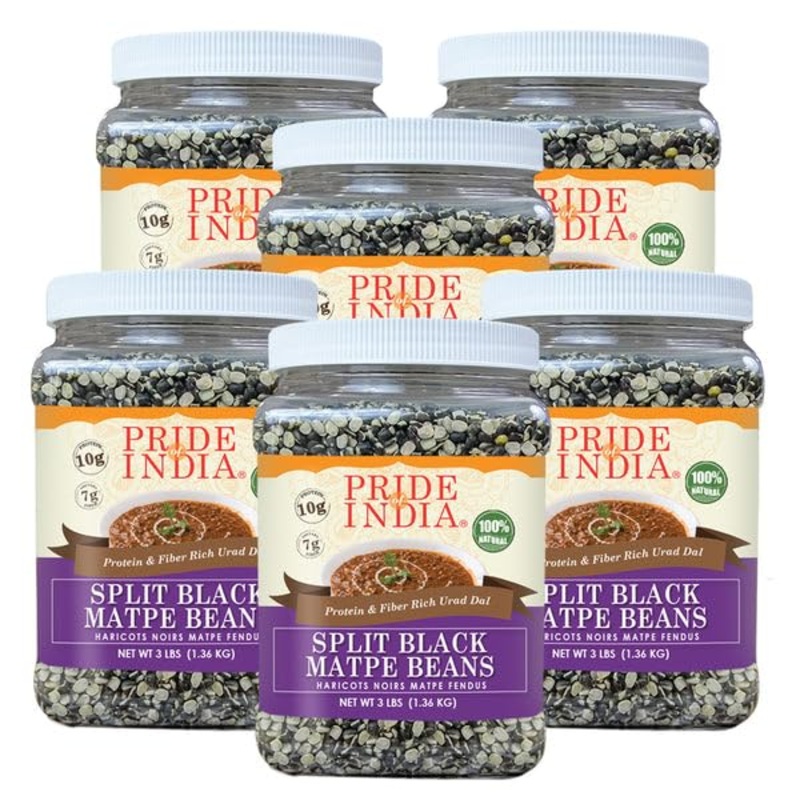 Pride Of India - Pack Of 6 - Indian Split Black Gram Matpe Beans - Protein & Fiber Rich Urad Dal, 3 Pound Jar