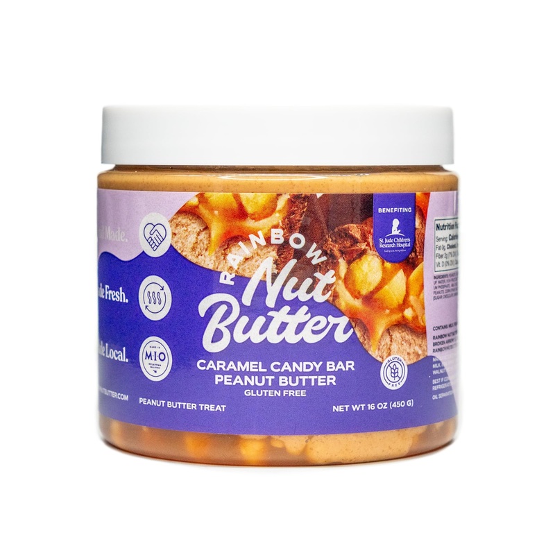 Rainbow Nut Butter, Caramel Candy Bar Peanut Butter Spread, Treat, Snack, Chocolate Bar Consisting Of Nougat Topped With Caramel