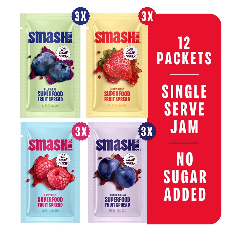 Smash Foods Single Serve Jam Packets | Variety 12-Pack | Natural, Keto & No Sugar Added | Vegan & Upcycled Fruit Spread | Low-Ca