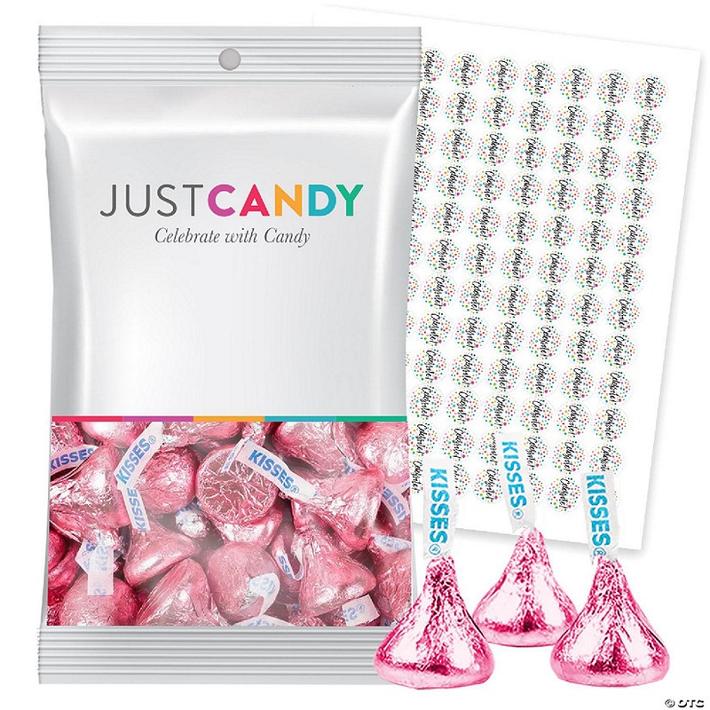 375ct Pink Foil Kisses Milk Chocolate Candy Plus Exclusive Free Kiss Stickers by Just Candy