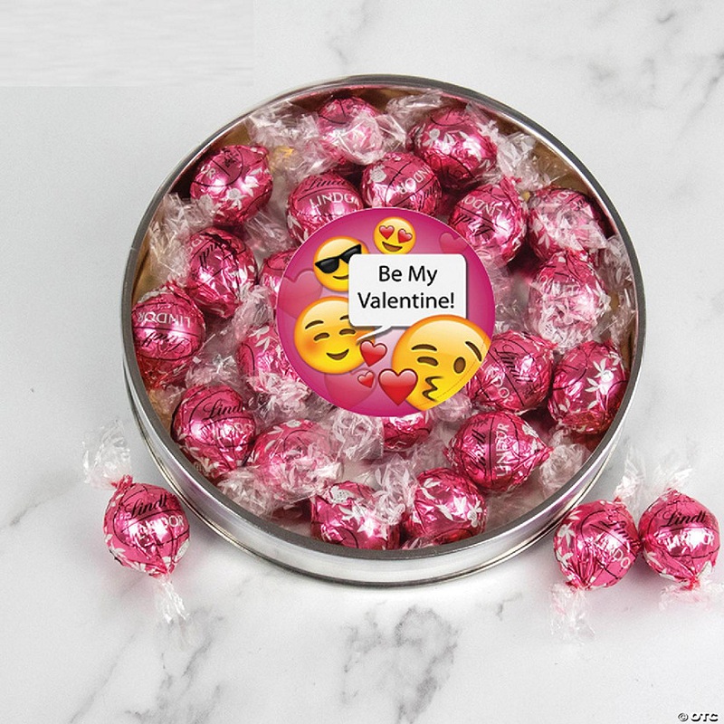 Valentine's Day Candy Gift Tin with Chocolate Lindor Truffles by Lindt Large Plastic Tin with Sticker - Emoji