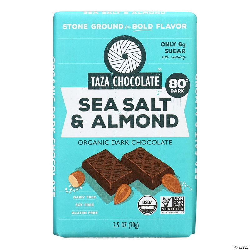 Taza Chocolate Stone Ground Organic Dark Chocolate Bar Sea Salt and Almond 2.5 oz Pack of 10