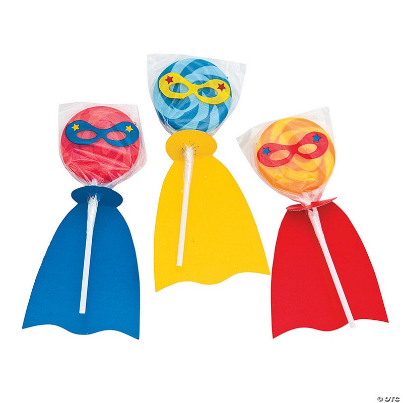 2" x 3" Superhero Swirl Round Lollipops with Capes & Masks - 12 Pc.