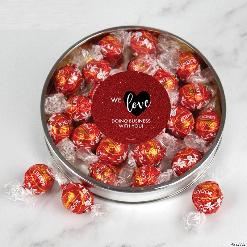 Valentine's Day Candy Gift Tin with Chocolate Lindor Truffles by Lindt Large Plastic Tin with Sticker - Business Thank You
