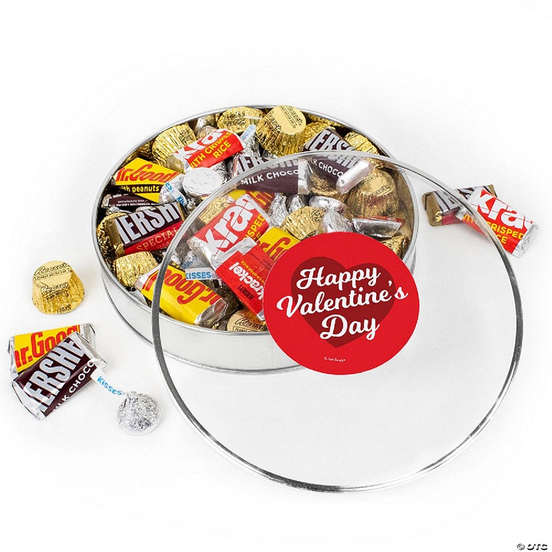 Valentine's Day Candy Gift Tin - Plastic Gift Tin with Hershey's Kisses, Hershey's Miniatures & Reese's Peanut Butter Cups