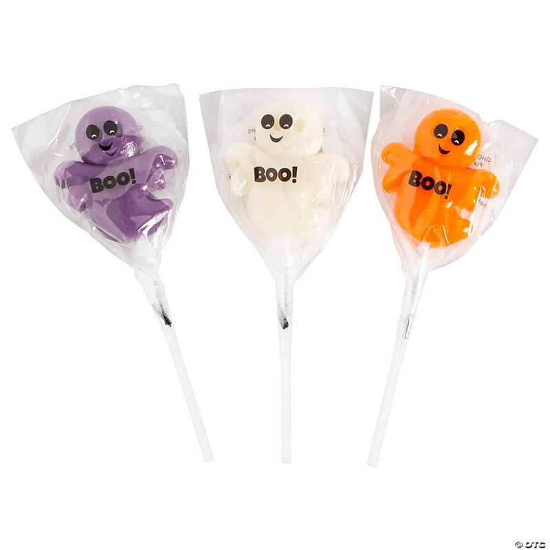 2 1/4" 7 oz. Happy Ghost Purple, White & Orange Tropical Fruit Lollipops - 12 Pc.