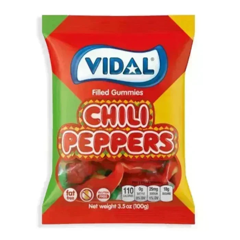Vidal Chili Peppers Filled Gummies Candy Peg Bags: 14-Piece Case