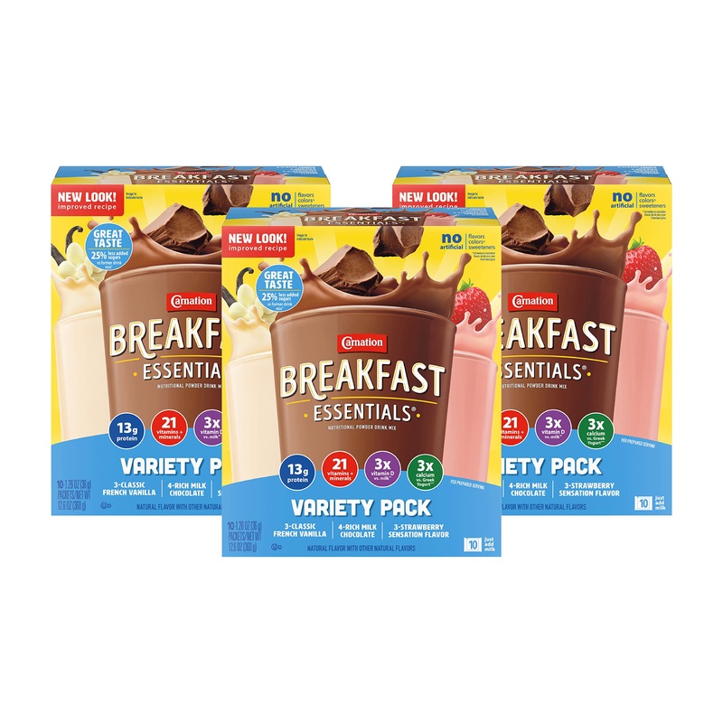 Carnation Instant Breakfast Essentials, Variety Pack, 10 Count, 1.26-Ounce Units (Pack Of 3)
