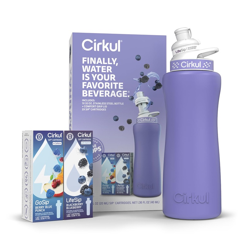 Cirkul 32Oz. Matte Periwinkle Stainless Steel Water Bottle Starter Kit With Periwinkle Lid, 2 Flavor Cartridges (1 Lifesip Black