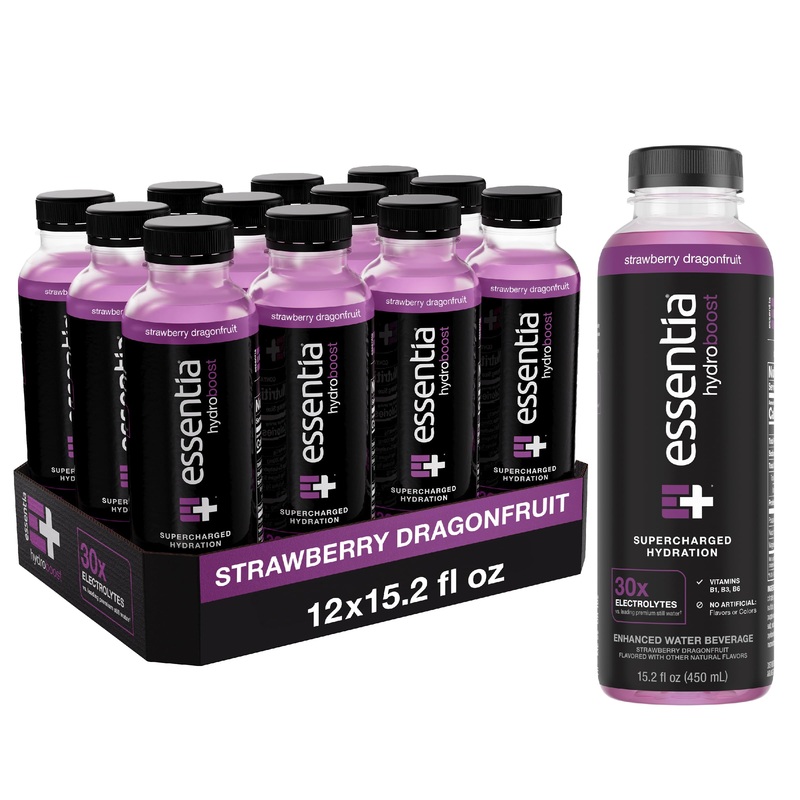 Essentia Hydroboost Enhanced Water Beverage, 12 Pack, New Strawberry Dragonfruit Flavor, With Electrolytes, No Artificial Flavor