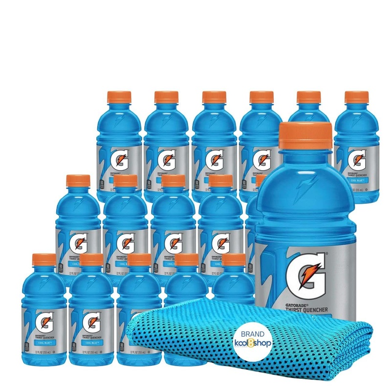 Gatorade Cool Blue Thirst Quencher Electrolyte Enhanced Sports Drink 12 Fl Oz Plastic Bottle 18 Pack + 1 Microfiber Cooling Towe
