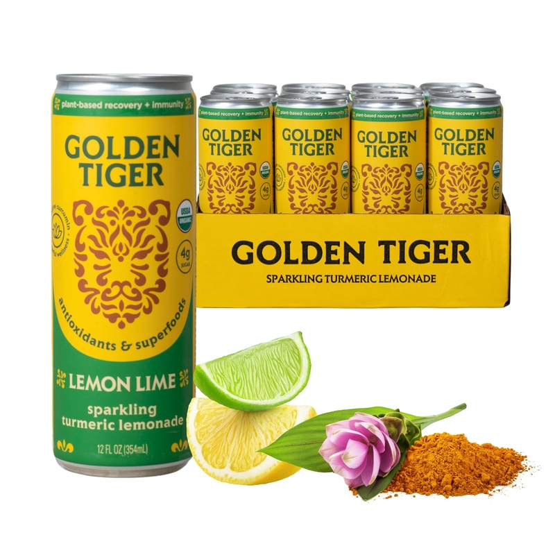 Golden Tiger Sparkling Turmeric Lemonade, Lemon Lime (12-Pack) Sparkling Wellness Drink Infused With Bioactive Curcumin & Organi