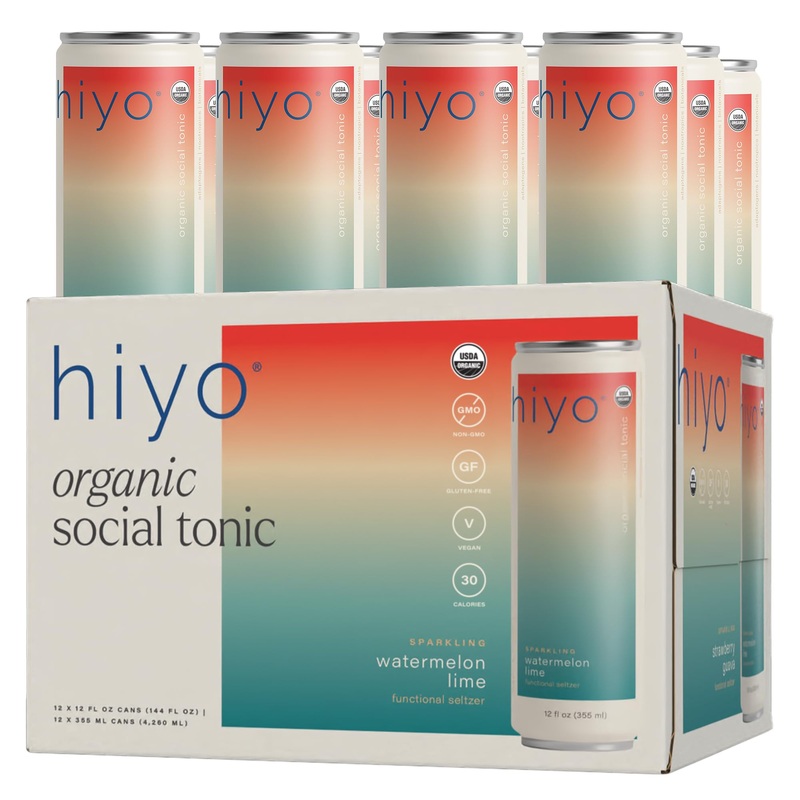 Hiyo Organic Social Tonic - Watermelon Lime, 12 Pack - N.A. Functional Seltzer, Sparkling Water Crafted With Organic Adaptogens,