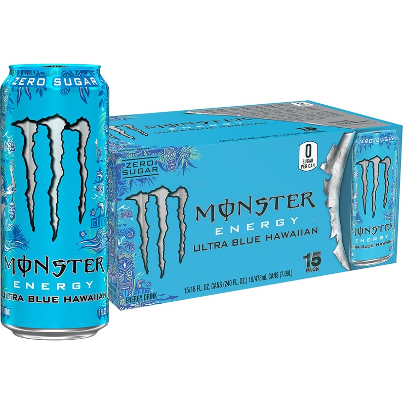 Monster Energy Ultra Blue Hawaiian Sugar Free Energy Drink, 16 oz, Pack of 15 - Refreshing Energy Boost, Zero Sugar, Great Taste