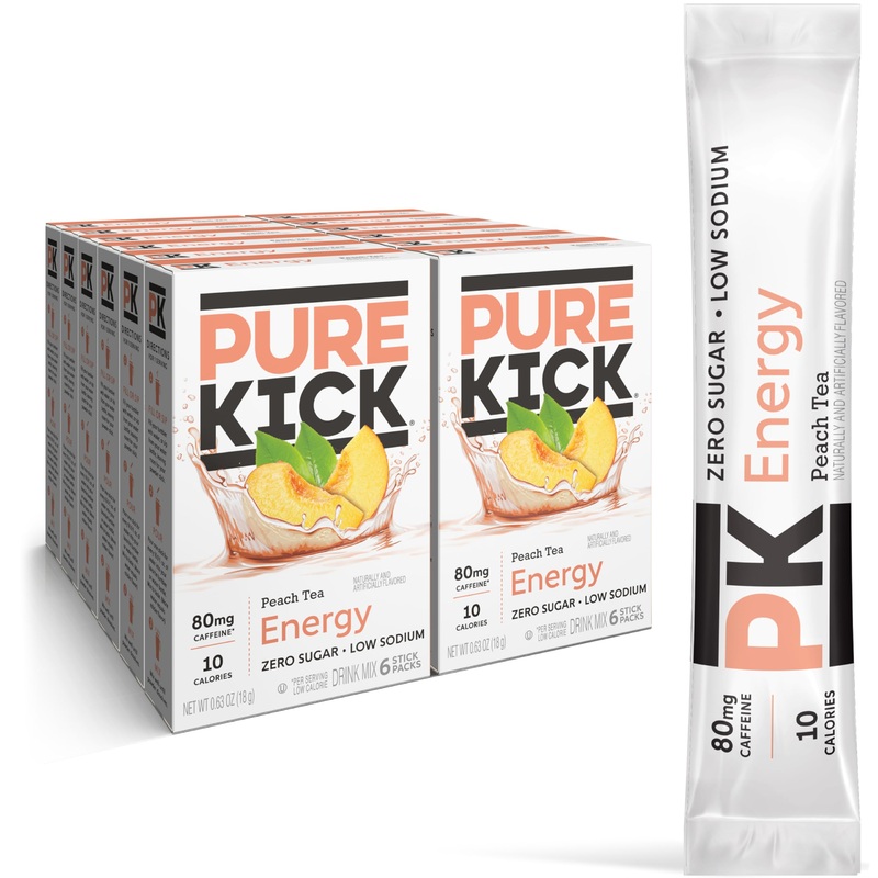 Pure Kick Energy Singles To Go Drink Mix, Peach Tea, Includes 12 Boxes With 6 Packets In Each Box, 72 Total Packets