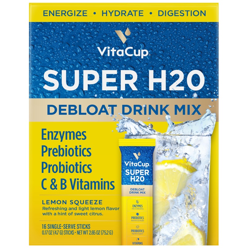 Vitacup Super H2O Bloating Relief And Digestive Health Drink Mix Packets, Probiotics, Prebiotics, C & B Vitamins, Lemon Flavor W