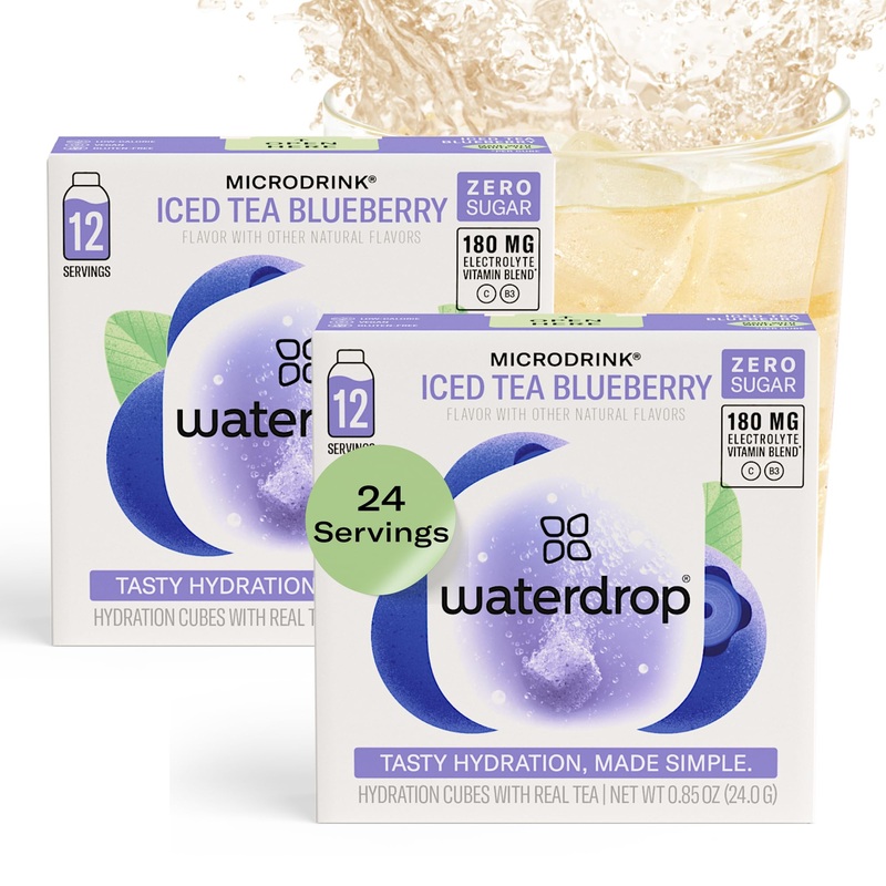 Waterdrop Hydration Cubes, Blueberry Iced Tea, 180 Mg Electrolytes & Vitamin C & B3, On The Go Water Enhancer For Still & Sparkl