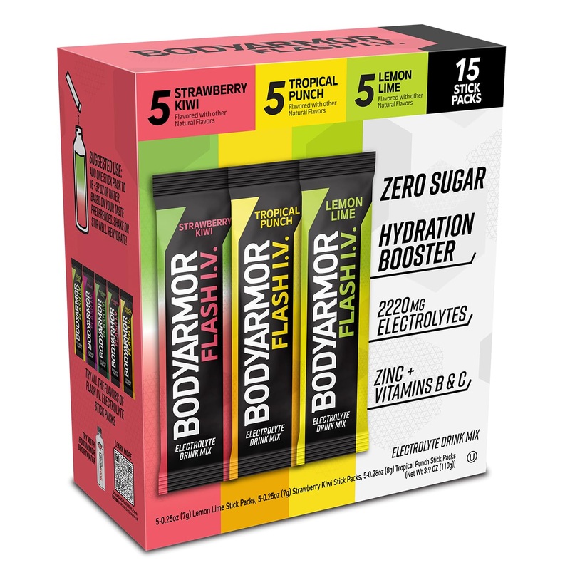 Bodyarmor Flash Iv Electrolyte Packets, Strawberry Kiwi, Lemon Lime, & Tropical Punch Variety Pack - Zero Sugar Drink Mix, Singl
