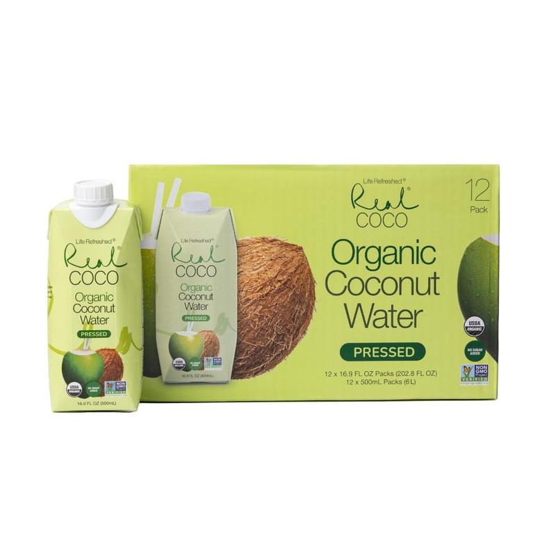 Life Refreshed Organic Pressed Coconut Water, 12-Pack (500mL), USDA Organic, No Sugar Added, Essential Electrolytes, Non-GMO, Dairy & Soy Free