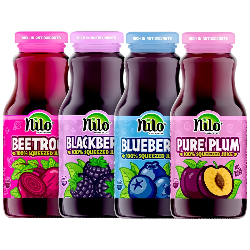 Nilo Variety Pack | 100% Squeezed Juice Blackberry Blueberry Plum Beetroot | No Sugar Added | Non Gmo | Not From Concentrate | 8