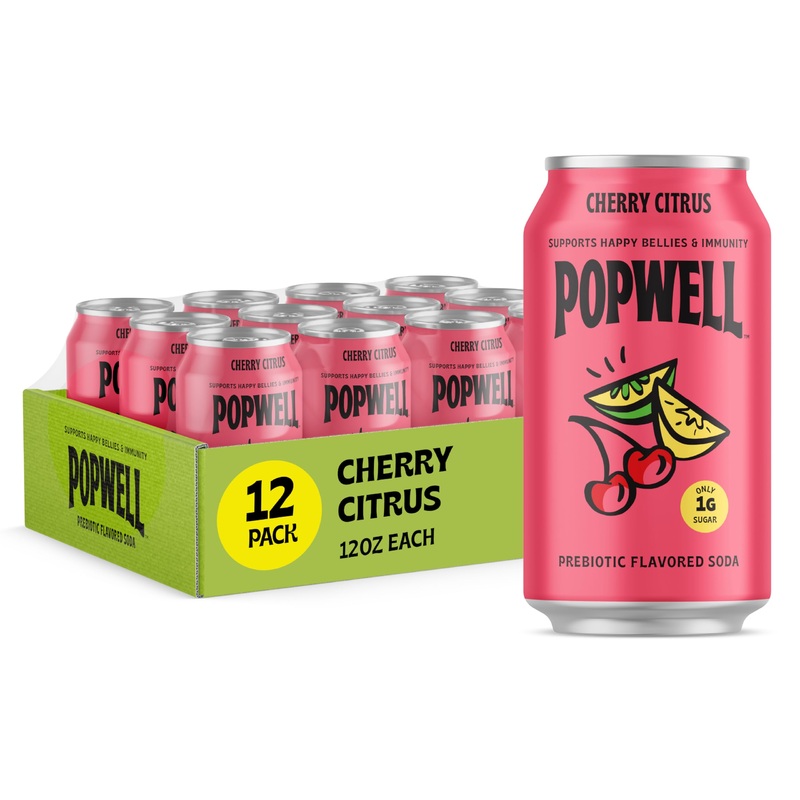 Popwell Cherry Citrus Prebiotic Soda, 12 Fl Oz Cans (Pack of 12) - 6g Fiber, 1g Sugar, Vitamins & Immunity Support