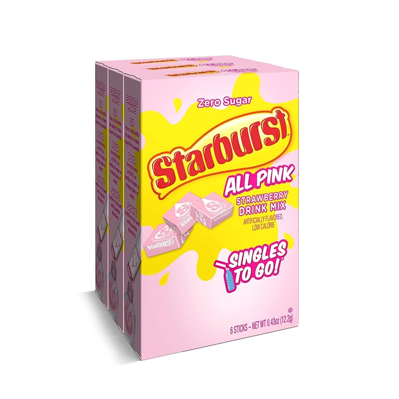 Singles To Go Starburst Powdered Drink Mix, All Pink Strawberry, 3 Boxes With 6 Packets Each - 18 Total Servings, Sugar-Free Dri