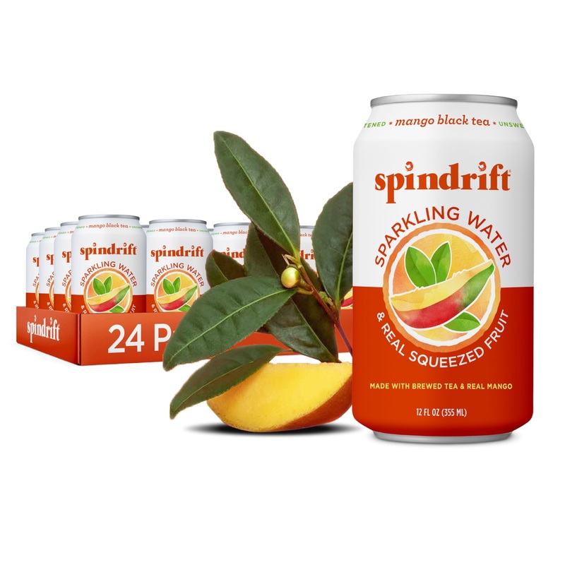 Spindrift Mango Black Tea - 12 oz Can, Pack of 24, Refreshing Iced Beverage