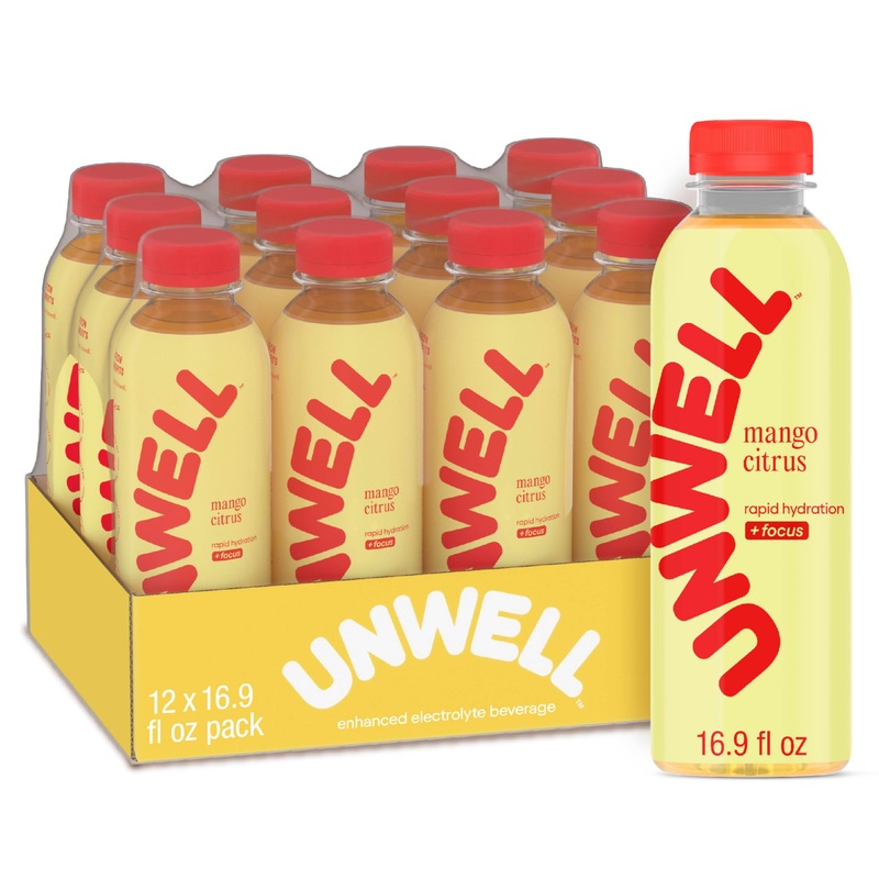 Unwell Hydration Electrolyte Drink For Rapid Hydration + Focus - Mango Citrus, 12 Pack