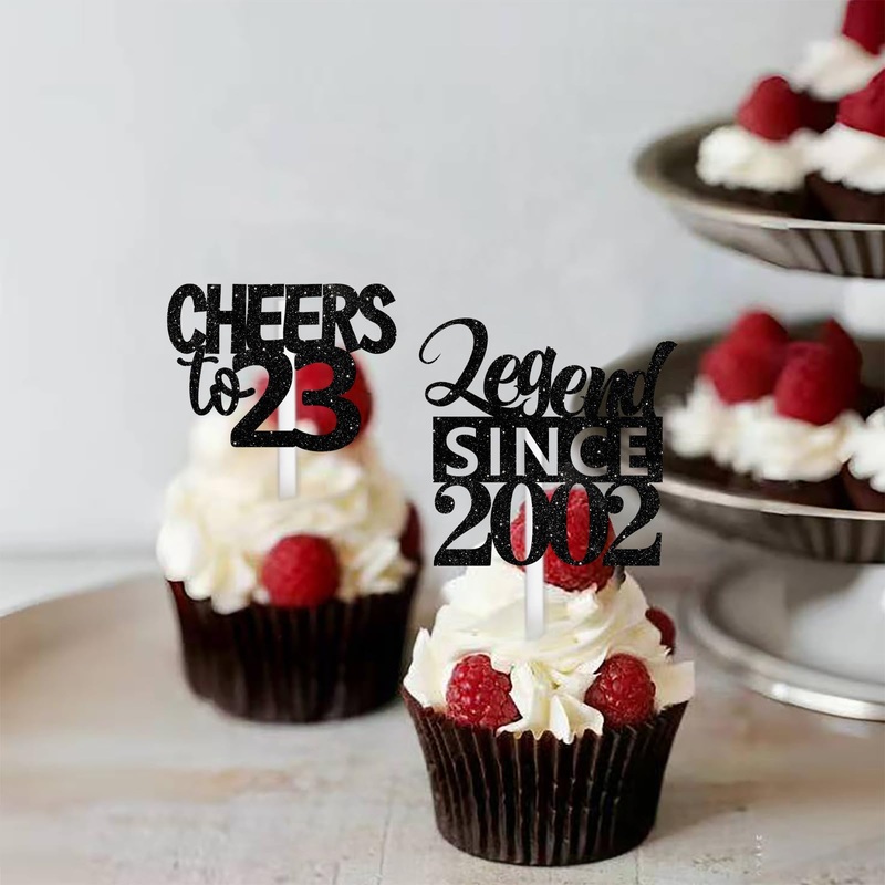 18Pcs Black Glitter Happy 23Rd Dessert Cupcake Topper Pick For Funny Legend Since 2002 Theme Decor Supplies Men Women Happy 23 B