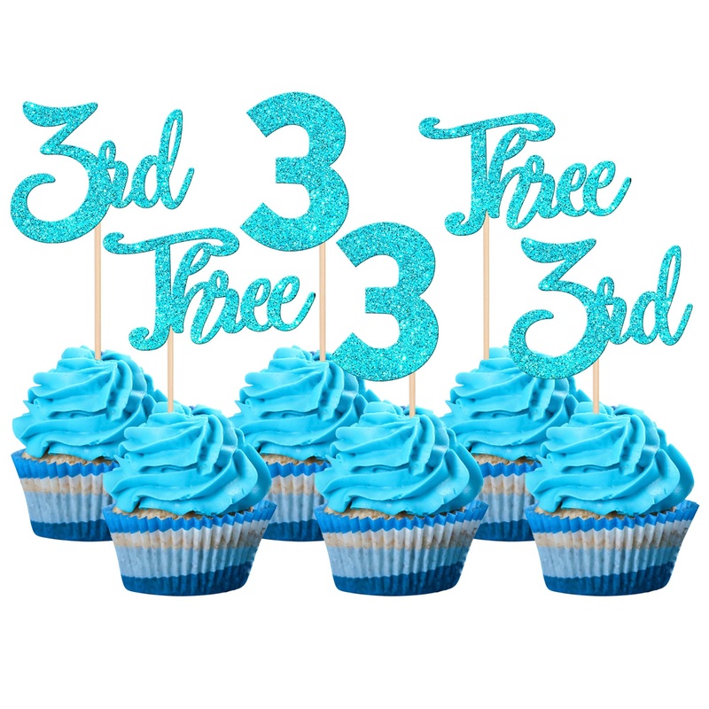 24 Pcs Three Cupcake Toppers Glitter 3Rd Birthday Cupcake Picks Number 3 Cupcake Decorations For Baby Shower Kids Third Birthday