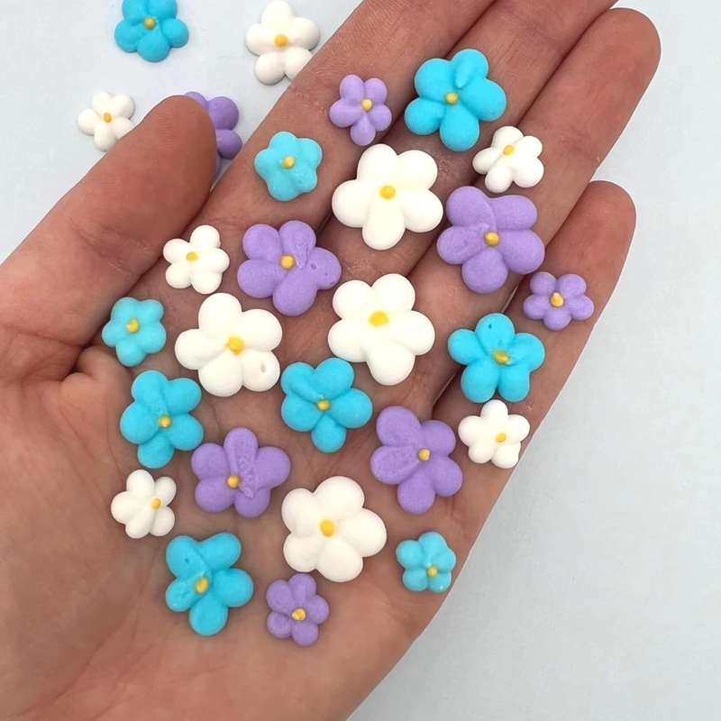 54 Winter Blossoms Icing Flowers | Small Edible Flowers | Icing Roses | Blue And Purple | Flower Sprinkles | Purple Sugar Flower