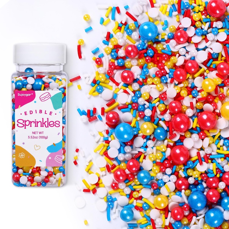Red Blue And Yellow Sprinkles For Cake Decorating, 3.52Oz Funfetti Edible Pearl Sprinkles For Cupcake Baking Ice Cream Cookie, P