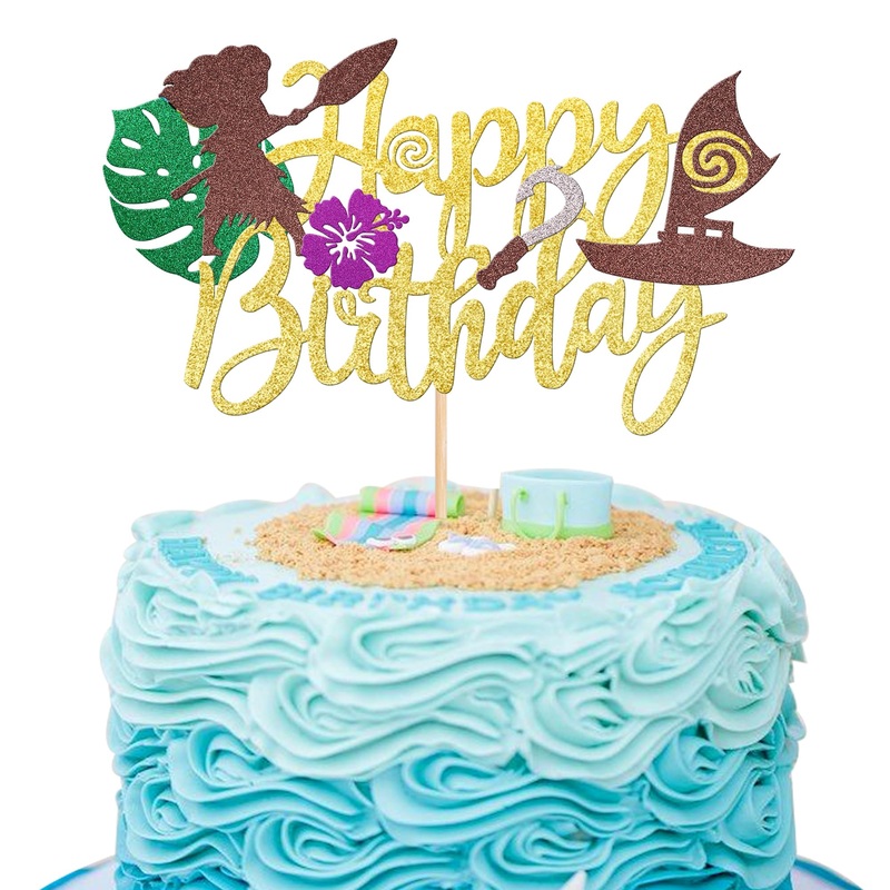 1 Pcs Moana Happy Birthday Cake Topper Glitter Palm Leaf Flower Moana Cake Pick Tropical Hawaiian Luau Theme Cake Decorations Fo