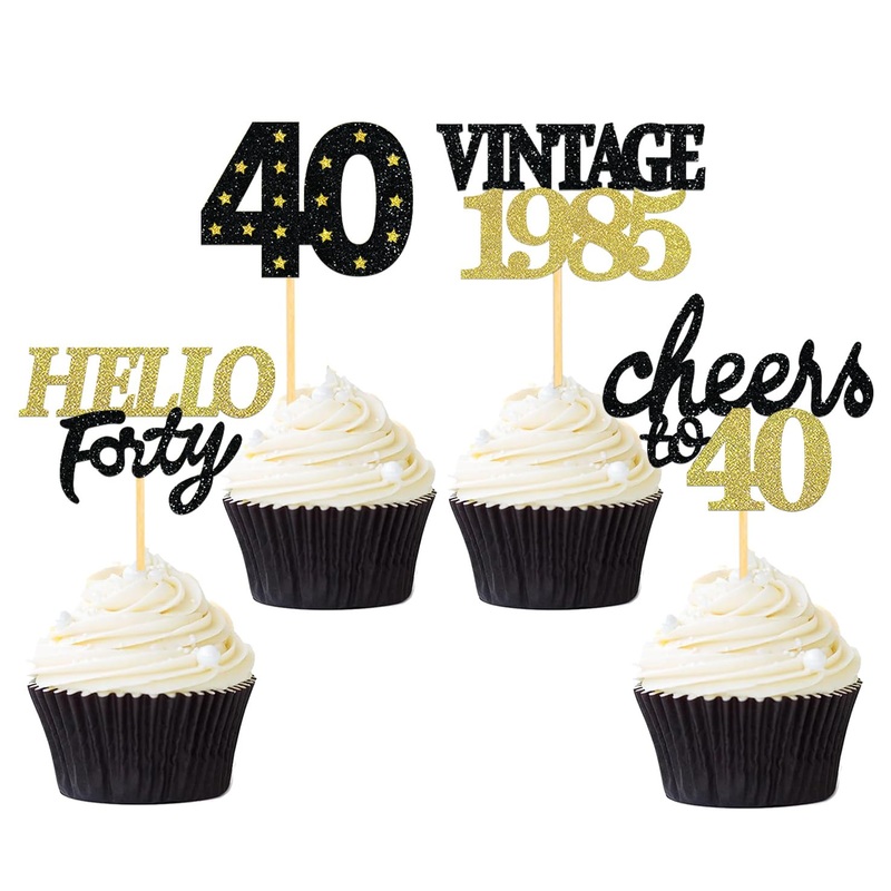 24 Pcs Glitter 40Th Birthday Cupcake Toppers For Celebrating Forty Years Old Birthday Party Decorations (Black&Gold)