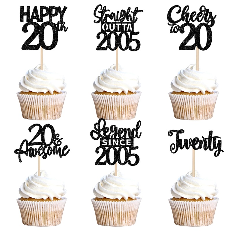 24Pcs Black Happy 20Th Birthday Cupcake Toppers Twenty Straight Outta 2005 Cupcake Picks Cheers To 20 Lengend Since 2005 Cake De