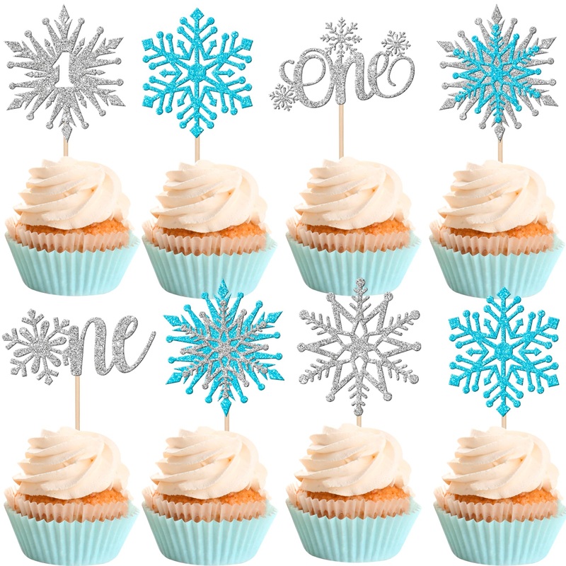 28 Pcs One Snowflake Cupcake Toppers Glitter Winter Snowflake 1St Birthday Cupcake Picks First Birthday Snowflake Cake Decoratio